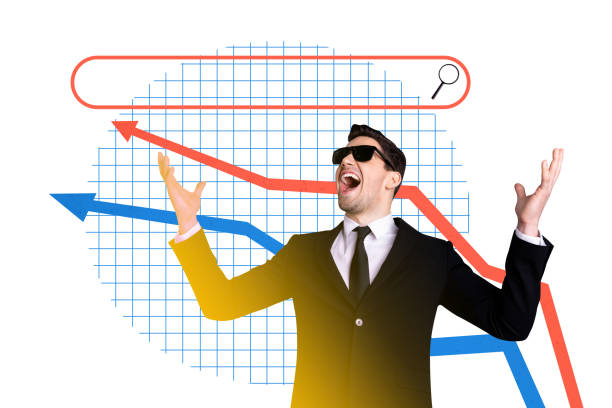 3d sketch poster trend collage image of excited businessman stand arrow development concept pointer webpage search tab progress.