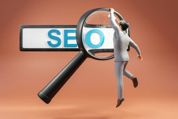 floating search box businessman hanging on large magnifying glass concept for websearch seo search engine optimization; orange background; artificial intelligence; 3D Illustration