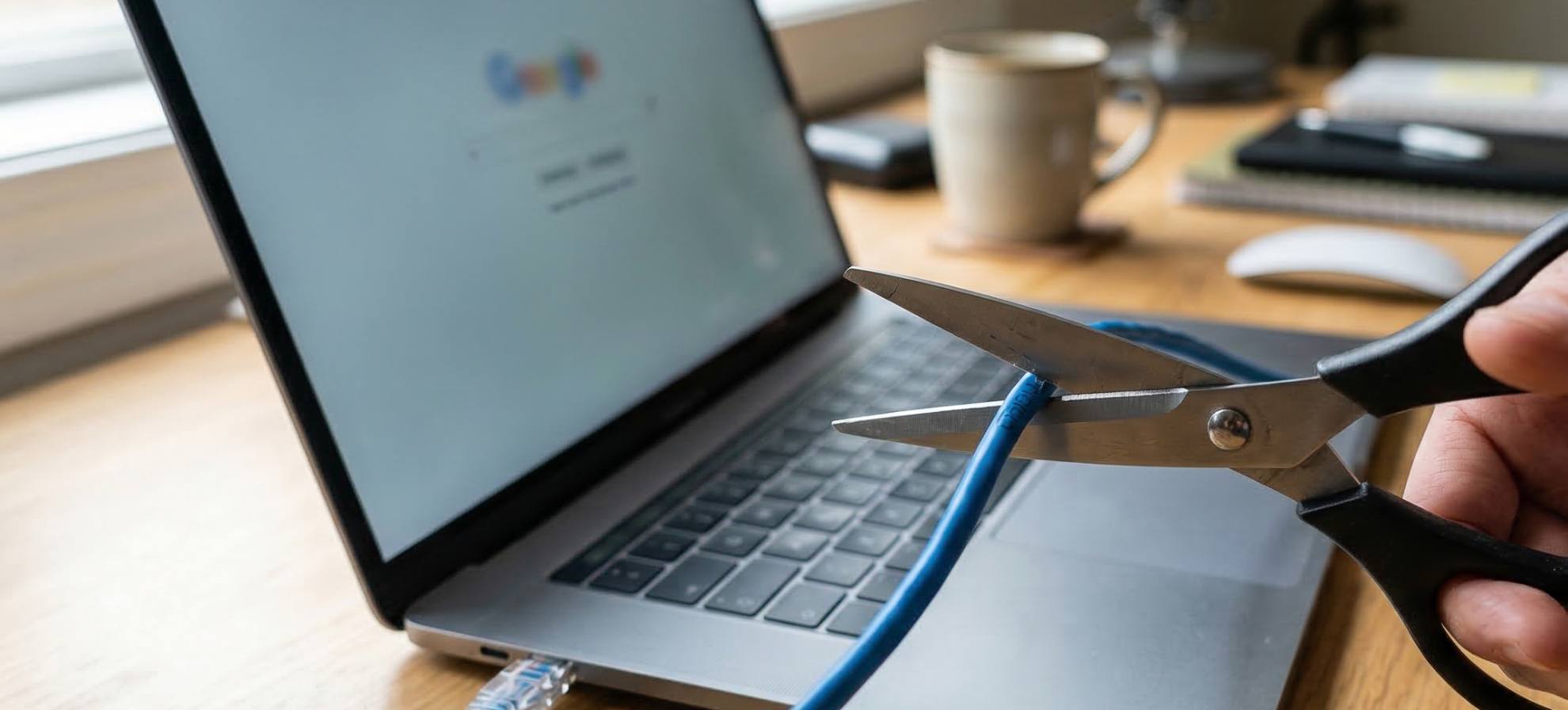 A person cutting a internet cable with scissors.