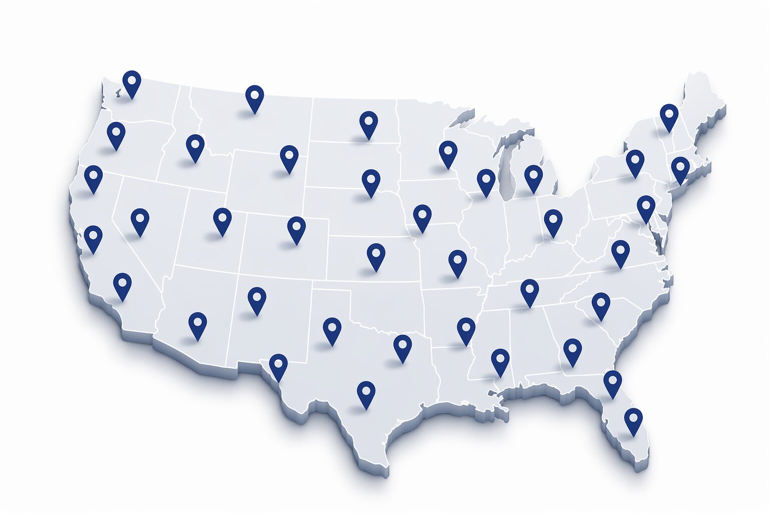 map of the US with pins in it representing franchise locations